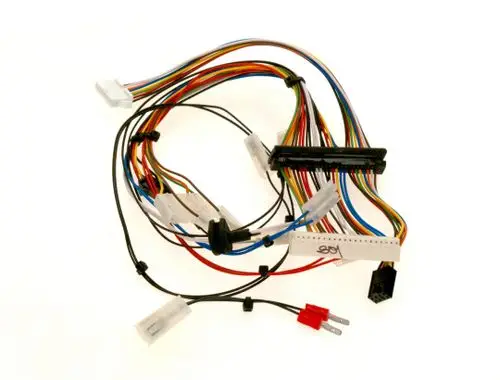 Kabelbaum von Bosch mit mehreren farbigen Drähten und Steckverbindungen, zur elektrischen Verbindung vorgesehen, auf weißem Hintergrund.